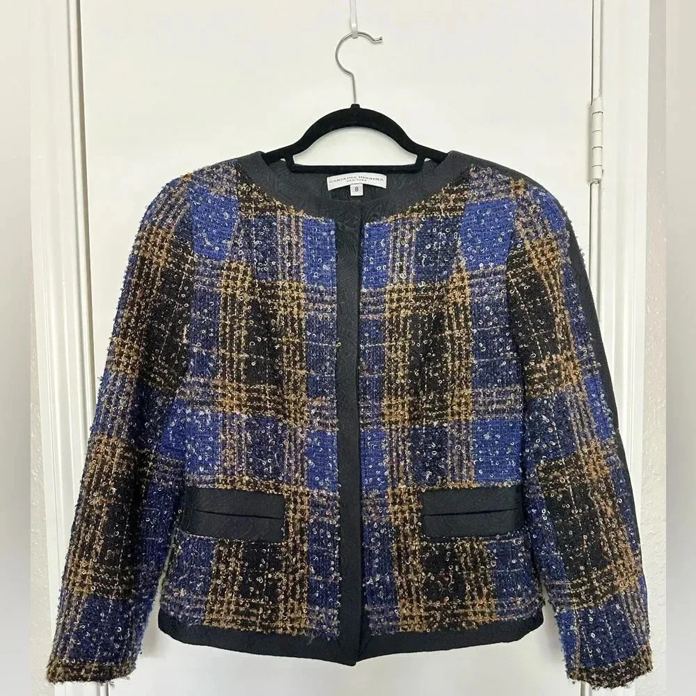 Carolina Herrera Multicolor Tweed Button Front Jacket S-M Silk-Wool